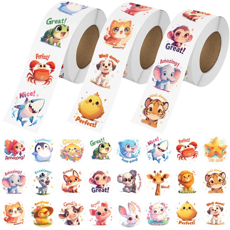 JIXZEN 1.5 Inch Animal Stickers for Kids, 3 Rolls 1500 PCS Cute Stickers for Toddlers 2-4 Years, 24 Designs Farm/Ocean/Wild Motivational Sticker for Potty Training Rewards, Classroom Teacher Supplies - Image 1